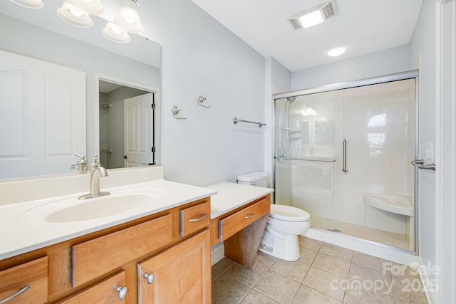 full bath featuring tile patterned flooring, toilet, vanity, visible vents, and a shower stall