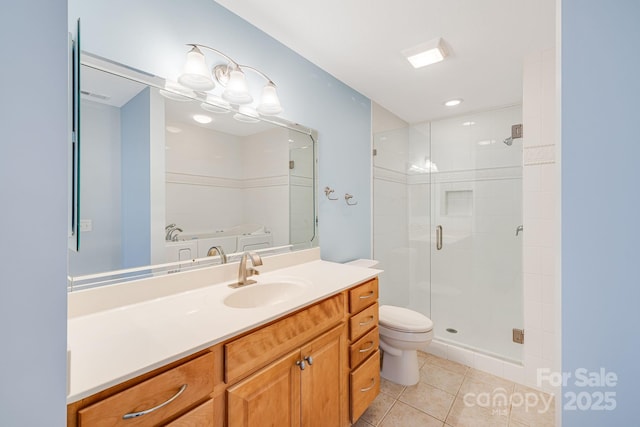 bathroom with toilet, visible vents, vanity, tile patterned floors, and a stall shower