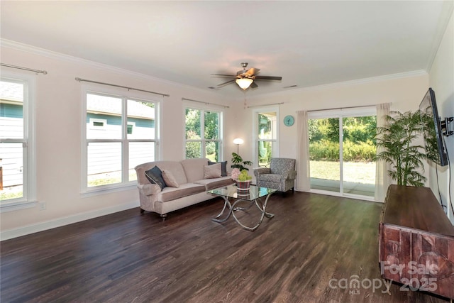 living room featuring crown molding, ceiling fan, and dark wood-type flooring