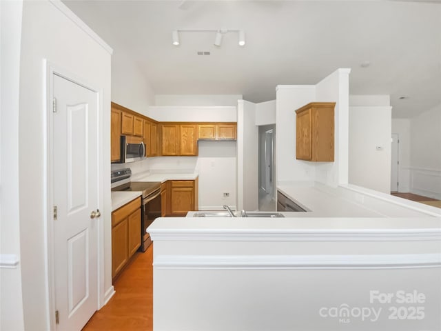 kitchen featuring appliances with stainless steel finishes, sink, light hardwood / wood-style floors, and kitchen peninsula