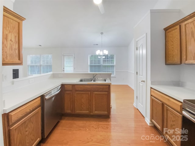 kitchen featuring sink, hanging light fixtures, stainless steel dishwasher, kitchen peninsula, and light wood-type flooring