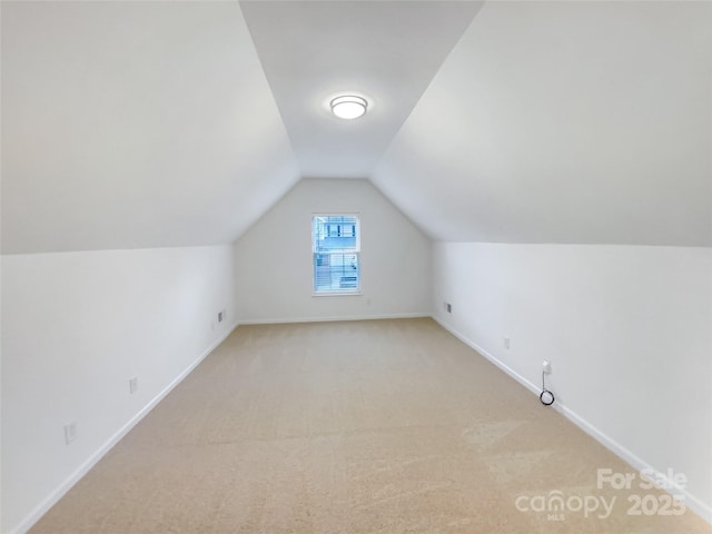 additional living space with light colored carpet and lofted ceiling