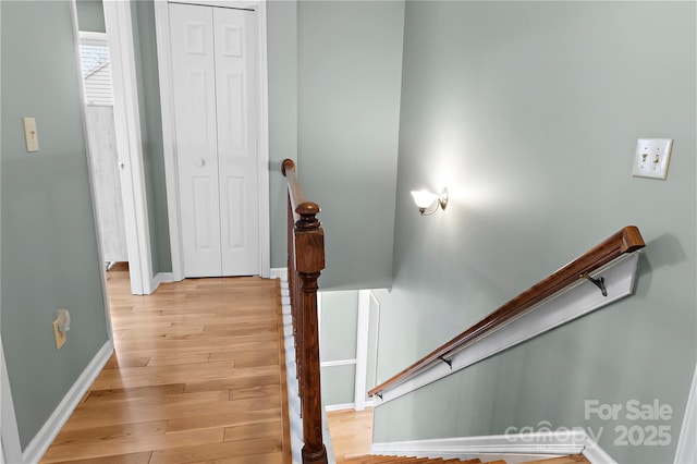 staircase with hardwood / wood-style floors