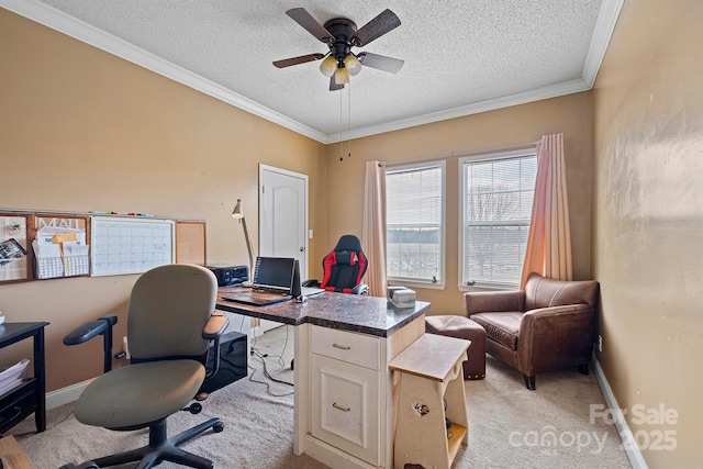 office space featuring crown molding, light carpet, a textured ceiling, and ceiling fan