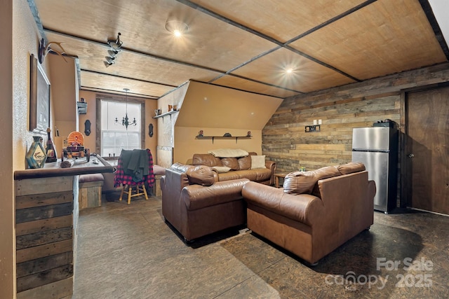 living room with wooden walls