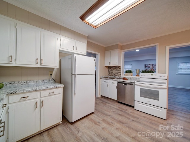 kitchen with white cabinetry, white appliances, crown molding, and light wood-type flooring