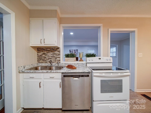 kitchen featuring sink, white cabinetry, crown molding, dishwasher, and electric stove