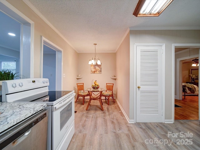 kitchen with crown molding, white electric range, decorative light fixtures, and dishwasher