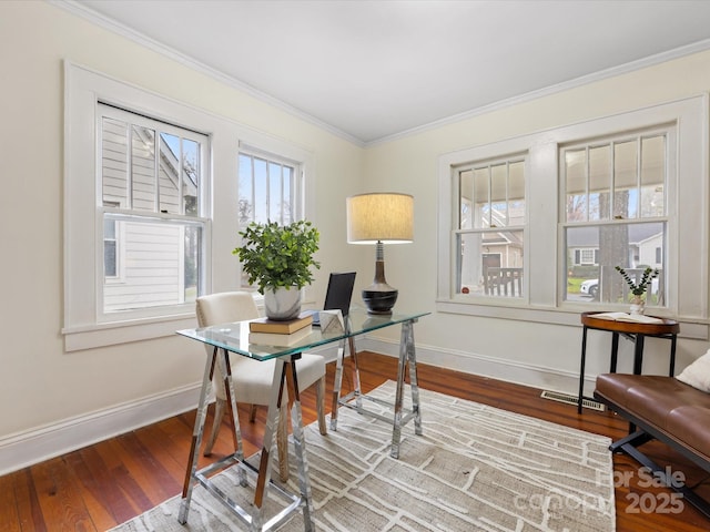 office area featuring crown molding and wood-type flooring