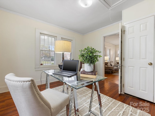 office space with dark hardwood / wood-style flooring and ornamental molding