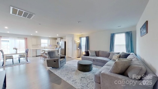 living room featuring light wood-type flooring and a wealth of natural light