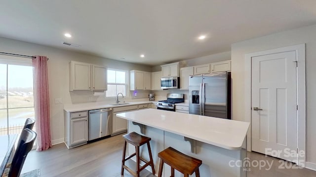 kitchen with a kitchen island, appliances with stainless steel finishes, white cabinetry, sink, and a kitchen breakfast bar