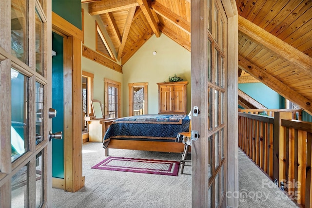 bedroom featuring wood ceiling, high vaulted ceiling, beamed ceiling, and carpet