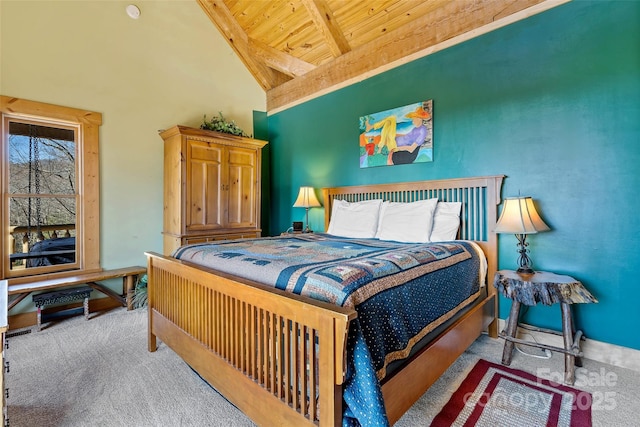 carpeted bedroom with beamed ceiling, wooden ceiling, and high vaulted ceiling