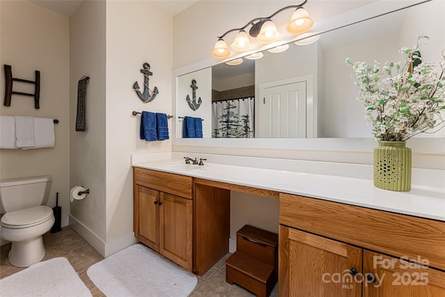 bathroom with tile patterned flooring, vanity, walk in shower, and toilet