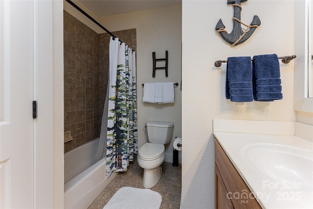 full bathroom with vanity, tile patterned floors, toilet, and shower / bathtub combination with curtain