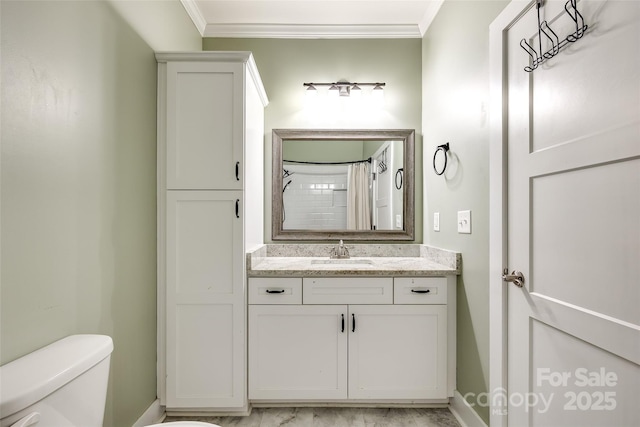 full bath with toilet, ornamental molding, and vanity