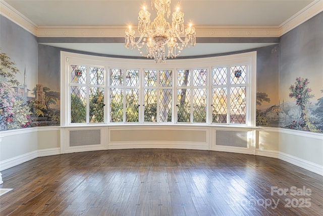 unfurnished dining area featuring crown molding, visible vents, a chandelier, and dark wood-style flooring