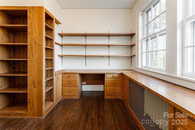 unfurnished office featuring dark wood-type flooring and built in desk