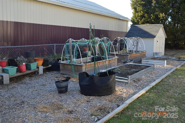 view of patio / terrace featuring a storage shed