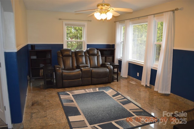 living room with ceiling fan