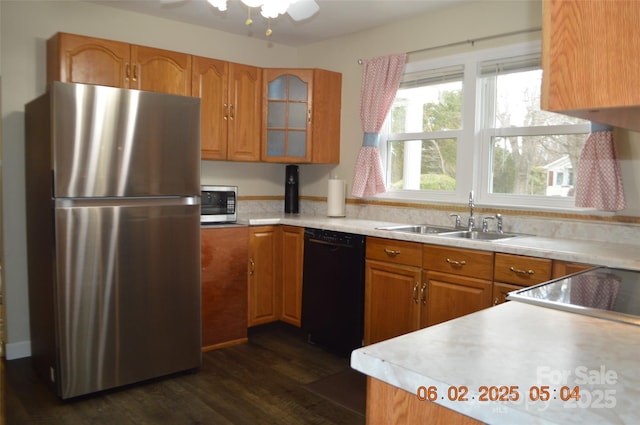 kitchen featuring stainless steel appliances, ceiling fan, sink, and dark hardwood / wood-style floors