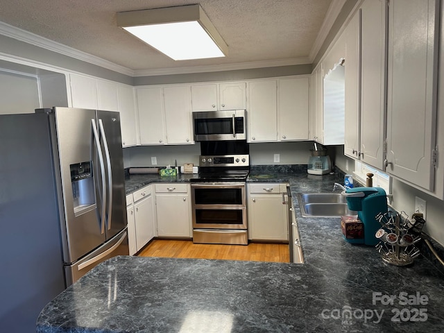 kitchen featuring sink, white cabinetry, a textured ceiling, ornamental molding, and stainless steel appliances