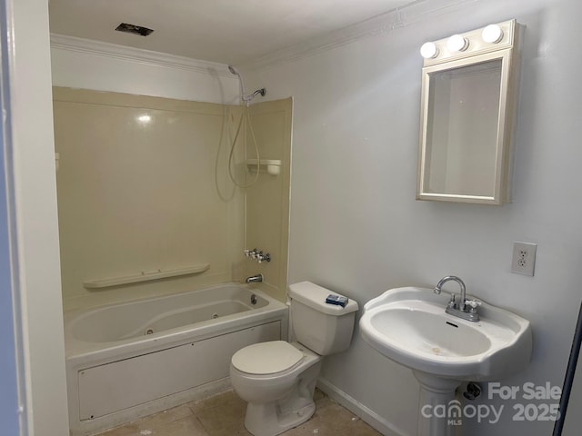 full bathroom with sink, shower / bath combination, ornamental molding, toilet, and tile patterned floors