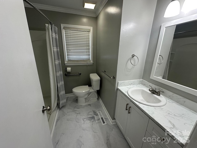 bathroom with crown molding, vanity, toilet, and walk in shower