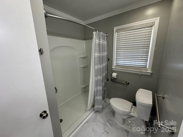 bathroom featuring crown molding, toilet, and walk in shower