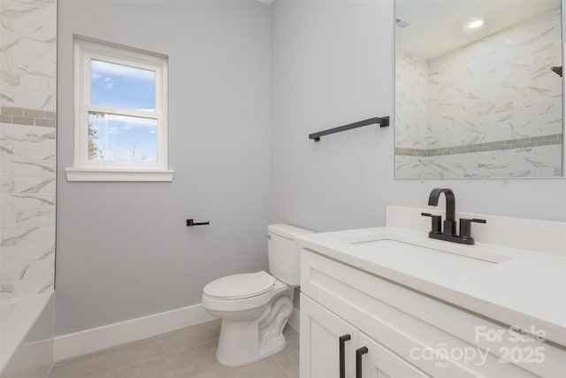 full bathroom with tile patterned flooring, vanity,  shower combination, and toilet