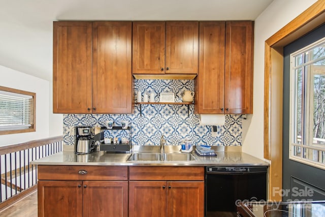 kitchen featuring black dishwasher, brown cabinets, tasteful backsplash, stainless steel countertops, and a sink