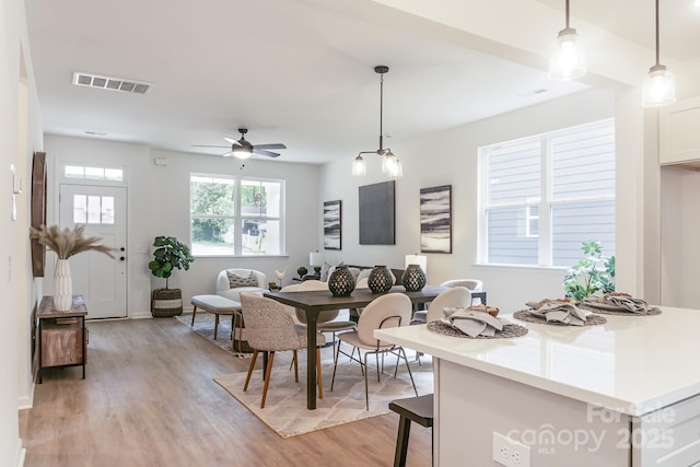 dining space featuring ceiling fan and light wood-type flooring