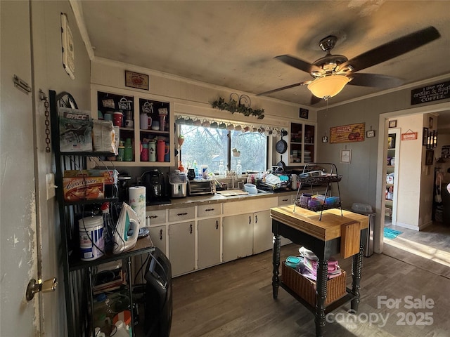 kitchen with white cabinetry, hardwood / wood-style flooring, ornamental molding, and ceiling fan