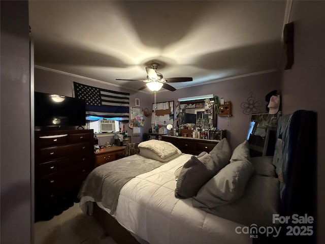 bedroom with cooling unit, ceiling fan, and crown molding