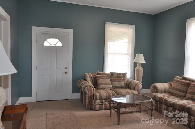 carpeted living room featuring ornamental molding