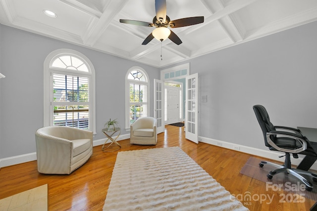 home office with french doors, coffered ceiling, hardwood / wood-style floors, and beam ceiling