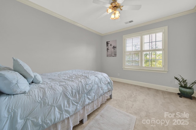 bedroom featuring ceiling fan, ornamental molding, and light carpet