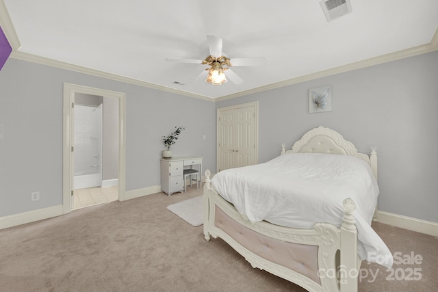 bedroom featuring ensuite bathroom, light colored carpet, ornamental molding, a closet, and ceiling fan