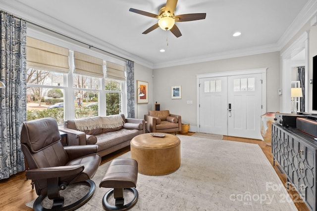 living room featuring ornamental molding, ceiling fan, and light hardwood / wood-style flooring