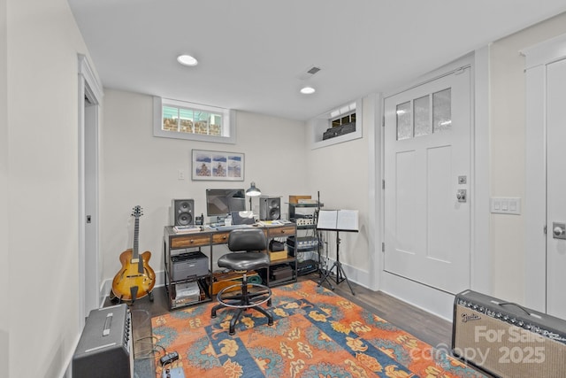 office space featuring dark hardwood / wood-style flooring