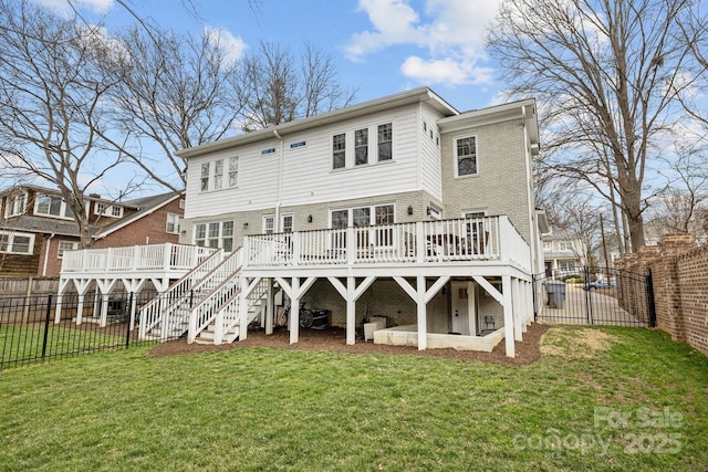 rear view of property with a wooden deck, central AC, and a lawn