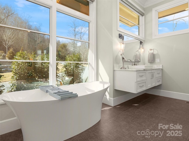 bathroom featuring a washtub and vanity