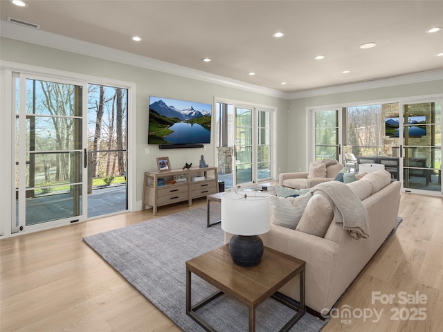 living room with crown molding and light hardwood / wood-style floors