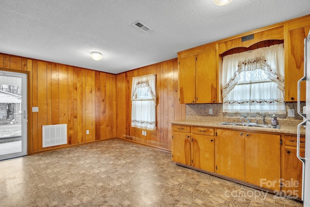 kitchen with light stone counters, sink, a textured ceiling, and wood walls