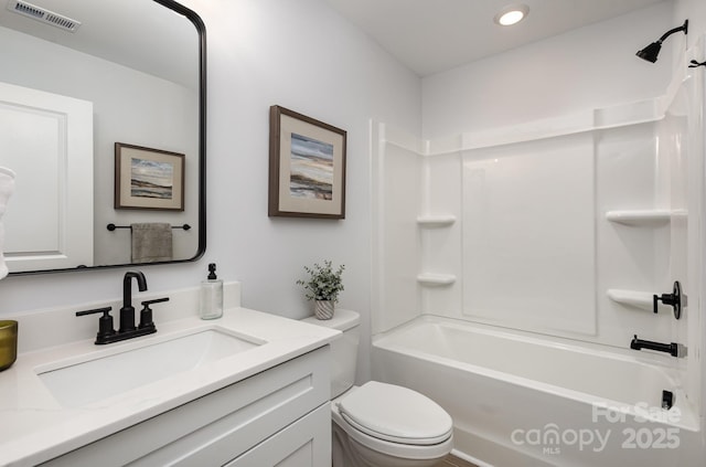 full bath featuring recessed lighting, visible vents, toilet, tub / shower combination, and vanity