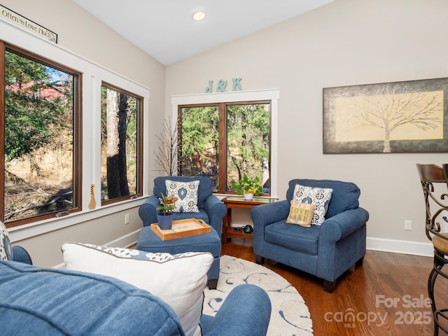 living area with dark hardwood / wood-style flooring and vaulted ceiling