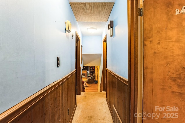 hallway with wooden walls and light colored carpet