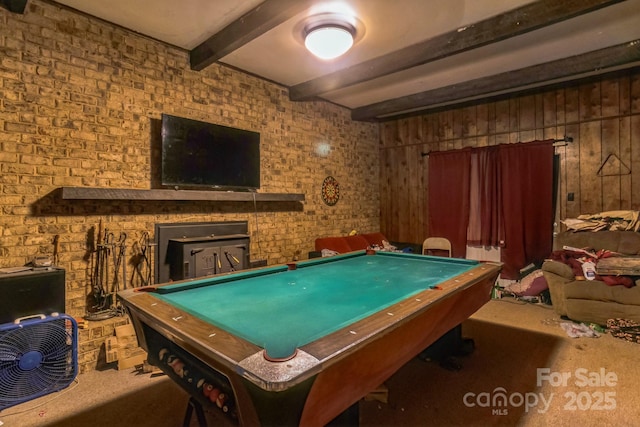 recreation room featuring pool table and beam ceiling