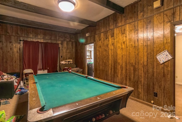 rec room featuring beamed ceiling, billiards, and wooden walls